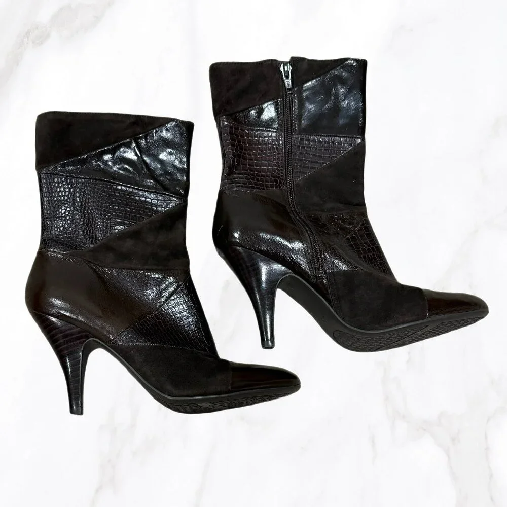 Nine West Women's Brown‎ Leather Patchwork Heeled Calf Booties, Size 7.5